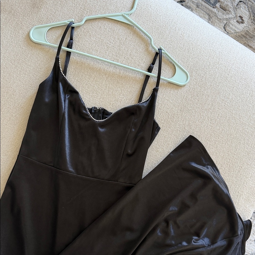 Windsor Black Satin Maxi Slip Dress with Rhinestone Trim